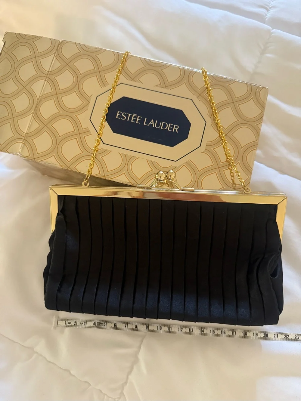 Estee Lauder Black Satin Pleated Clutch with Gold Chain